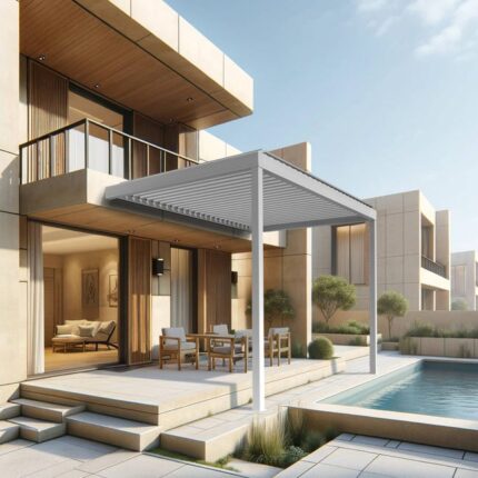 Pergola bioclimatique DASHURIA perpendiculaire 4.576 x 3.00m Vérin à Télécommande (Blanc)