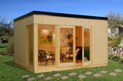 Abri de jardin nordique Solveig 13,6 m² Palmako, 4.5x3.3m dim. ext. (cas échéant incl. débord de toit) naturel, 88mm, 14,9m² totale