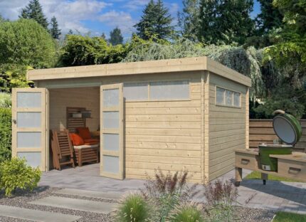 Abri jardin bois 44 mm + toit acier 16m2