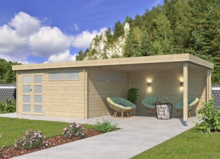 Abri jardin bois toit acier + auvent 28m2