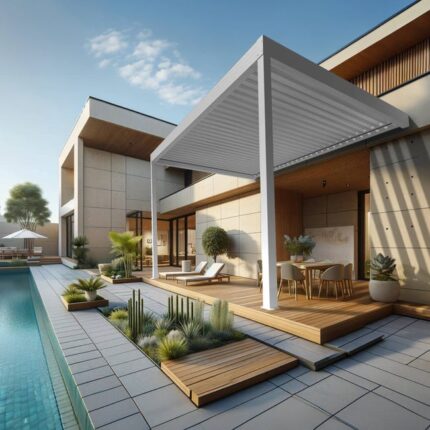 Pergola bioclimatique TRESNA perpendiculaire 6.02 x 4.00m Vérin à Télécommande (Blanc)