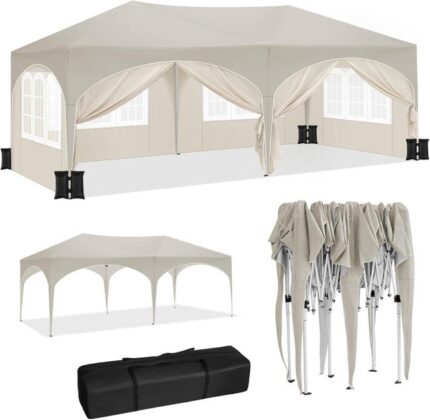 Tonnelle de Jardin 3x6m ,Tonnelle Pliante avec 6 Parois Latérales et 4 Sacs de Sable,Hauteur Réglable,Imperméable,Protection de UV,Beige,WOLTU