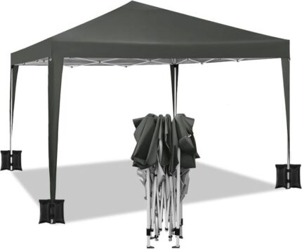 Tonnelle de Jardin 3x3m avec 4 Sacs de Sable,Tente Pliante Auvent Pliable，Imperméable Protection du Soleil UV 50+，Hauteur Réglable,Gris,WOLTU