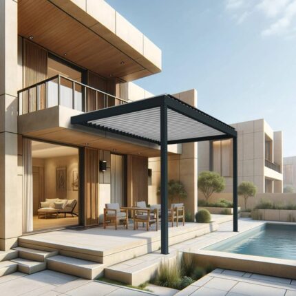 Pergola bioclimatique DASHURIA perpendiculaire 3.526 x 3.50m Vérin à Télécommande (Gris anthracite / Blanc)