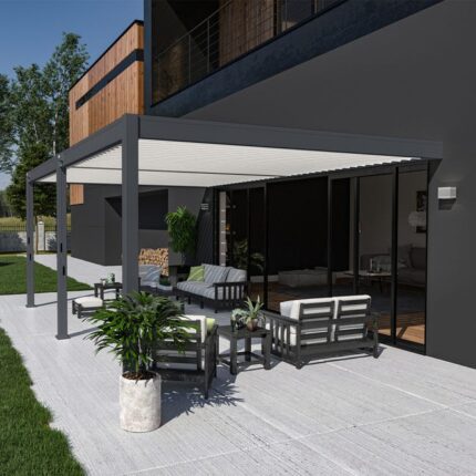 Pergola bioclimatique Ombréa adossée VS - 4x6M bicolore + 2 stores anthracites-