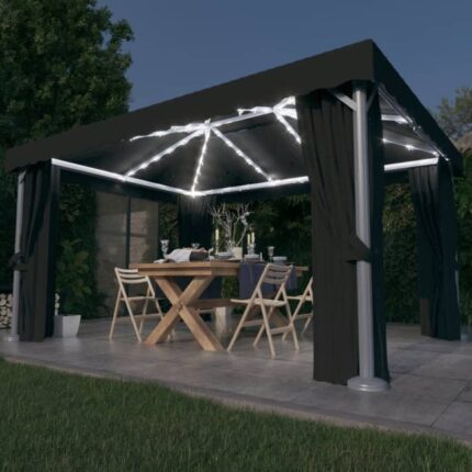 The Living Store - Tonnelle avec rideau et guirlande lumineuse LED 4x3m Anthracite