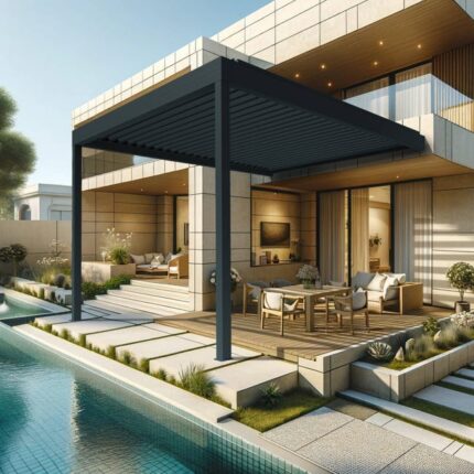 Pergola bioclimatique TRESNA 4.00 x 6.037m Vérin à Télécommande (Gris anthracite)