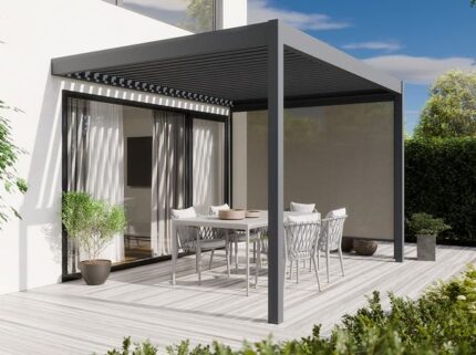 Pergola Bioclimatique Aluminium Adossee 12m2 - 3x4m - Store lateral inclus - 29 lames en Acier Galvanisé Inclinables a 90° - Tonnelle - ZENITH