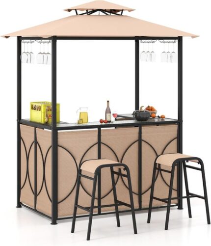 COSTWAY Tonnelle de Barbecue 3 Pcs avec 2 Tabourets de Bar avec Plateau en Verre Trempé Étagères en Métal Auvent à Double Toit, 194x121x242cm, Marron