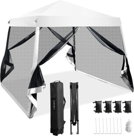 Tonnelle 3x3m de Jardin avec Mousquetaire Amovibles 8-10 Personnes-Barnum Pliable avec Sac Rangement à Roues Anti - UV pour Pique niques/Fête,Blanc