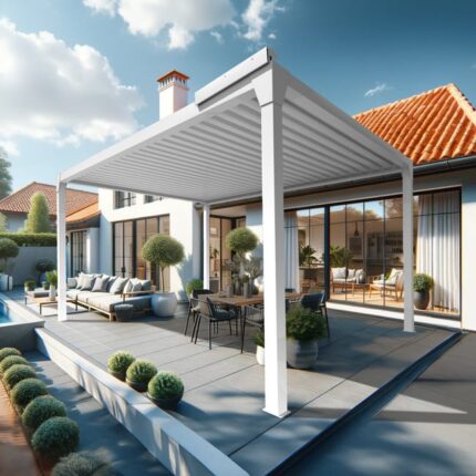 Pergola bioclimatique LUFU îlot - 3.50 x 3.99m Vérin à Télécommande (Blanc)