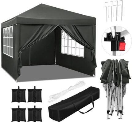 Tonnelle de Jardin 3x3m avec 4 Sacs de Sable,Tente Pliante Auvent Pliable,Hauteur Réglable,Imperméable Protection du Soleil UV 50+,Gris,WOLTU