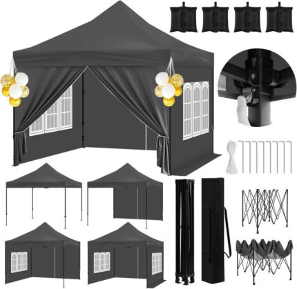 Tonnelle de Jardin avec 4 Sacs de Sable,Tente de Réception Imperméable,Pergola,Barnum Pliant,4 Parois Latérales Amovibles，Hauteur Réglable,Gris,WOLTU