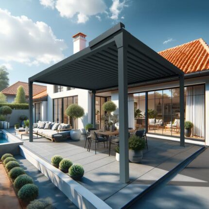 Pergola bioclimatique LUFU îlot - 3.50 x 3.99m Vérin à Télécommande (Gris anthracite)