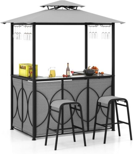 COSTWAY Tonnelle de Barbecue 3 Pcs avec 2 Tabourets de Bar avec Plateau en Verre Trempé Étagères en Métal Auvent à Double Toit, 194x121x242cm, Gris