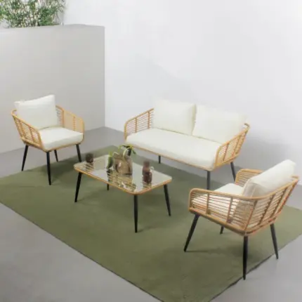 Salon de jardin 4 places canapé et chaises effet rotin avec coussins conforts SITIA