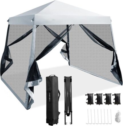 Tonnelle de Jardin 3x3m avec Mousquetaire Amovibles pour 8-10 Personnes, Sac Rangement à Roues Anti - UV pour Pique niques, Camping (Gris, 300x300cm)