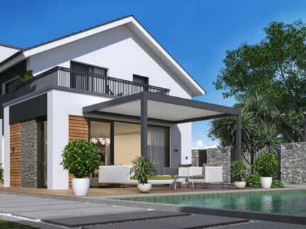 Pergola bioclimatique adossée Zéphir motorisée aluminium/lames - grey - 3 x 4 m