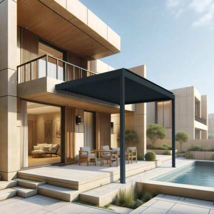 Pergola bioclimatique DASHURIA perpendiculaire 4.051 x 4.00m Vérin à Télécommande (Gris anthracite)