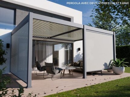 Pergola Bioclimatique Aluminium Adossée 19m2 - 3,6x5,3 - Deux Stores Inclus - Anthracite - 34 lames en Aluminium a 120° - Tonnelle - ECLIPSE