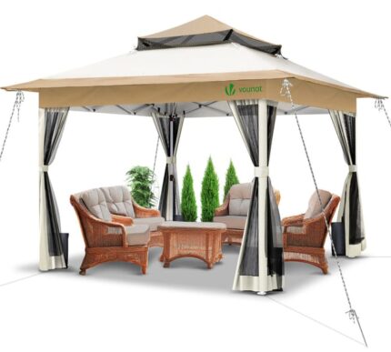 Tonnelle de jardin exterieure pliable avec moustiquaire 3.6x3.6m beige