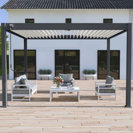 Pergola bioclimatique Ombréa autoportante VS - 3x4M bicolore + 1 store 4M blanc-