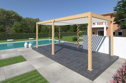 Pergola bioclimatique autoportante bois/blanc - 300 x 600 x H. 258 cm