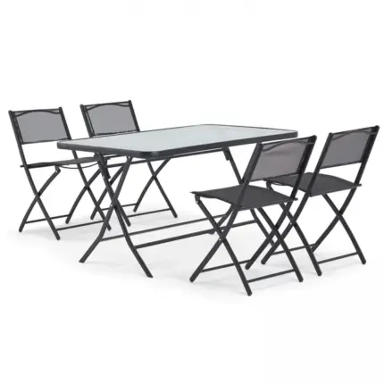 Table de terrasse et 4 chaises pliantes en acier et verre noir