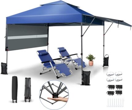 Tonnelle de Jardin 3x3m avec Auvent étendu, Tonnelle d’Extérieur Pliable avec 4 Poteaux, Tente de Jardin Hauteur d’Intérieur Réglable (Bleu)