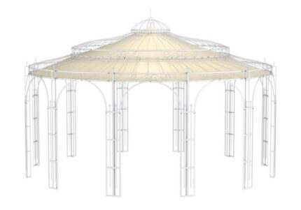 ELEO Toscana gloriette luxueuse résistante à l'hiver | Avec voile d'ombrage | Tonnelle ronde blance Ø 5,5 m | Pavillon romantique en fer forgé