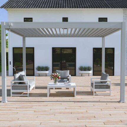 Pergola bioclimatique Ombréa autoportante VS - 3x4M Gris perle + 1 store 4M blanc-