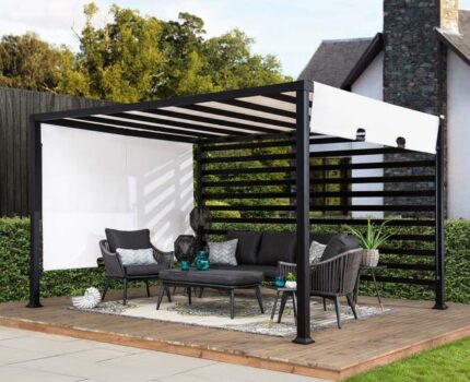 Pergola Oeta Sunjoy, 3.7x3.1m dim. ext. (cas échéant incl. débord de toit) revêtu par poudre, épaisseur paroi : 11,3m² superficie totale