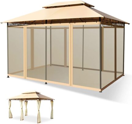 Tonnelle de Reception3,9x2,9M,Chapiteau de Jardin avec Double Toit avec Moustiquaire Detachable et Armature Robuste, Gazebo pour Jardins (Cafe)