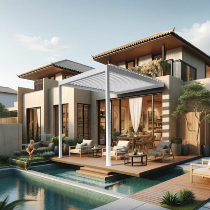 Pergola bioclimatique DASHURIA 4.00 x 3.038m Vérin à Télécommande (Blanc)