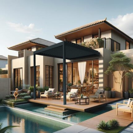 Pergola bioclimatique DASHURIA 4.00 x 4.088m Vérin à Télécommande (Gris anthracite)