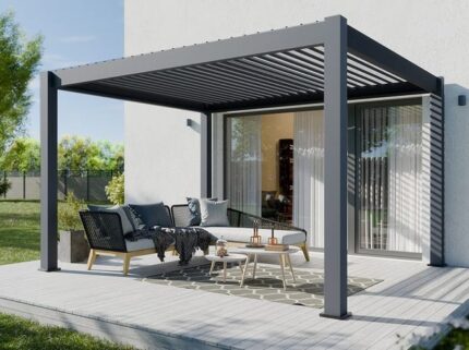 Pergola Bioclimatique Aluminium Autoportée 12m2 - 3x4m - Anthracite - 24 lames en Acier Galvanisé Inclinables a 90° - Auvent - Tonnelle - ORION