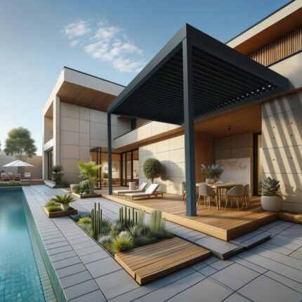 Pergola bioclimatique TRESNA perpendiculaire 4.09 x 4.50m Vérin à Télécommande (Gris anthracite)