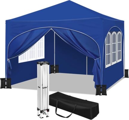 Tente de Fête 3x3m avec 4 Sacs de Sable,Tonnelle de Jardin avec 4 Parois Latérales,Pavillon Pop-Up avec Toit en Demi-Cercle,Tente Pliante,Bleu,WOLTU