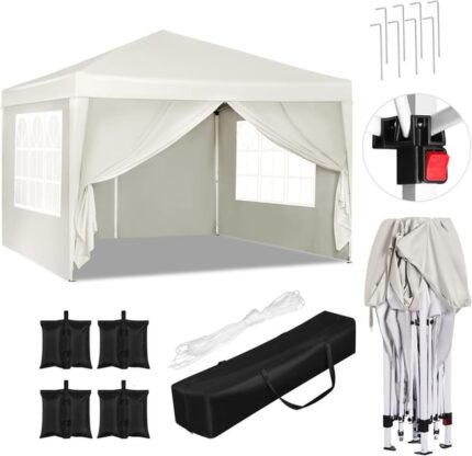 Tonnelle de Jardin 3x3m avec 4 Sacs de Sable，Tente Pliante Auvent Pliable，Hauteur Réglable,Imperméable Protection du Soleil UV 50+,Beige,WOLTU