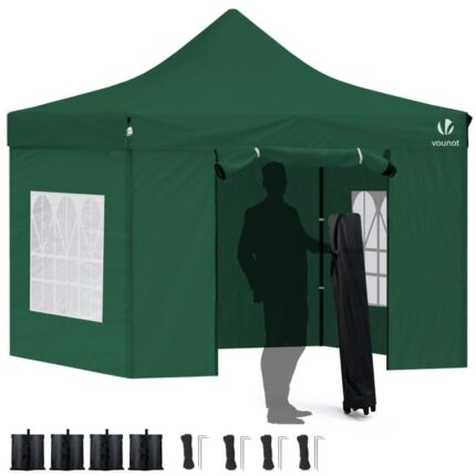 Tonnelle de jardin renforcée 3x3m pliable avec 4 parois et sac de transport a roulette verte