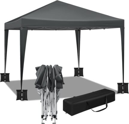 Tonnelle de Jardin 3x3m avec 4 Sacs de Sable,Tente Pliante Auvent Pliable，Imperméable Protection du Soleil UV 50+，Hauteur Réglable,Anthracite,WOLTU